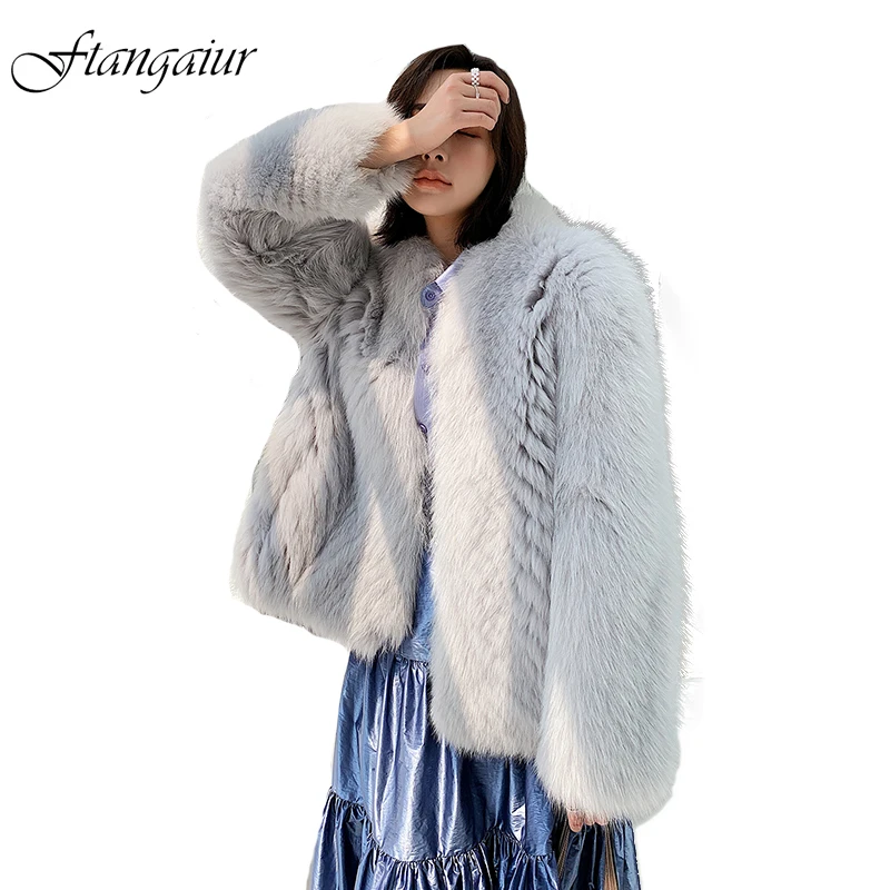 Ftangaiur 2021 Winter Finland Import Fox Fur Coat Whole Skin Thick Grey Female Coats Short Natural Slim | Женская одежда