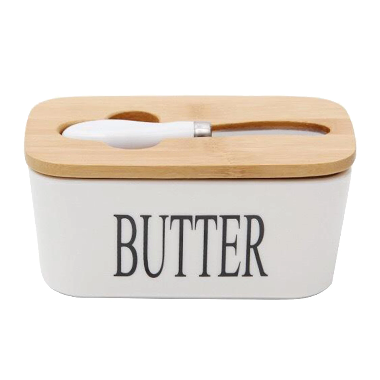 Ceramic Butter Dish with Knife Airtight Butter Keeper Storage Box Wooden Lid