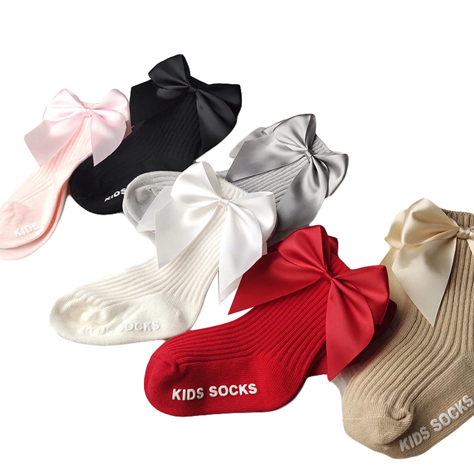 Calcetines acanalados de algodón para niña y bebé, medias de tubo medio antideslizantes con lazo, rojo/gris claro/caqui/rosa/Blanco/Negro, 0-3 años