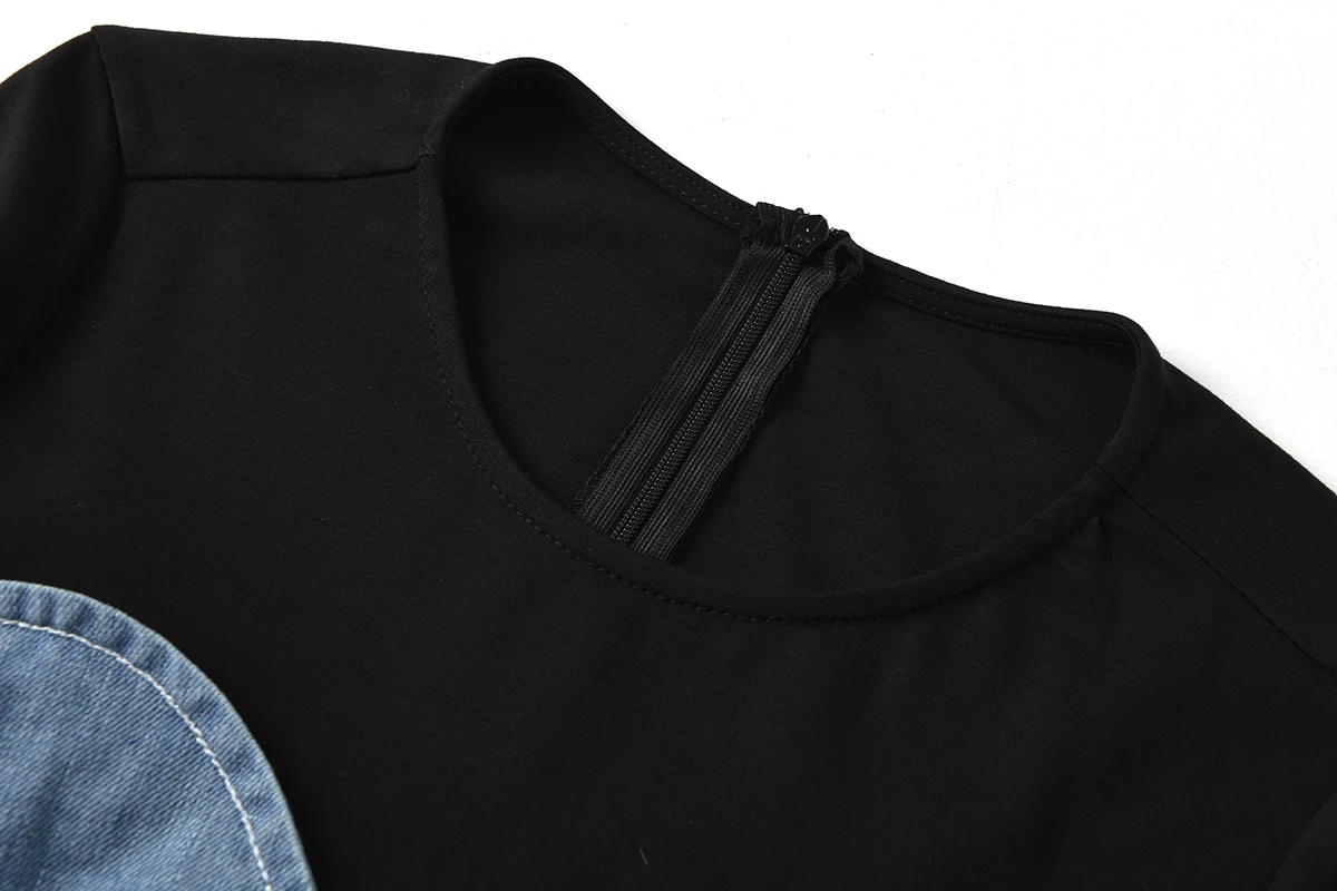 [EAM] Women Asymmetrical Denim Split Long Dress New Round Neck Long Sleeve Loose Fit Fashion Tide Spring Autumn 1K0730