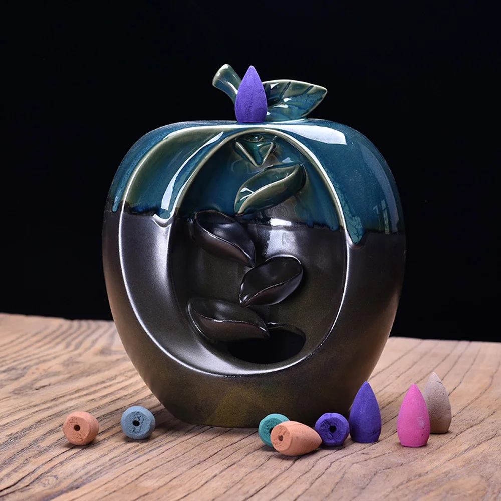 1xCeramic Fruit-Shaped Waterfall Backflow Incense Burner Censer+10xCone Incenses