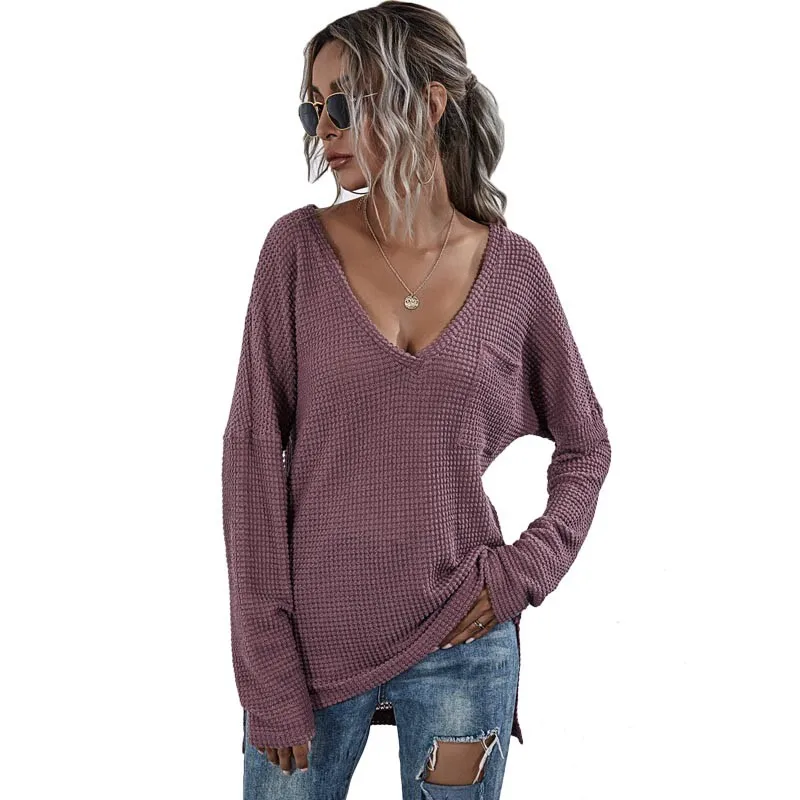

Solid V-neck Split Pockets Knitted Women Pullover Sweater 2020 Autumn Winter Casual Long Sleeve Female Jumper