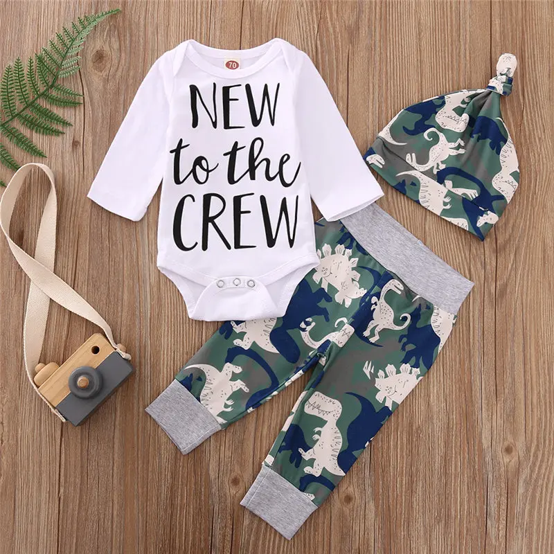 

Baby Romper, Dinosaur Pants, Round Collar Long Sleeves Cartoon Printed Warm Hat 3-Piece Clothes