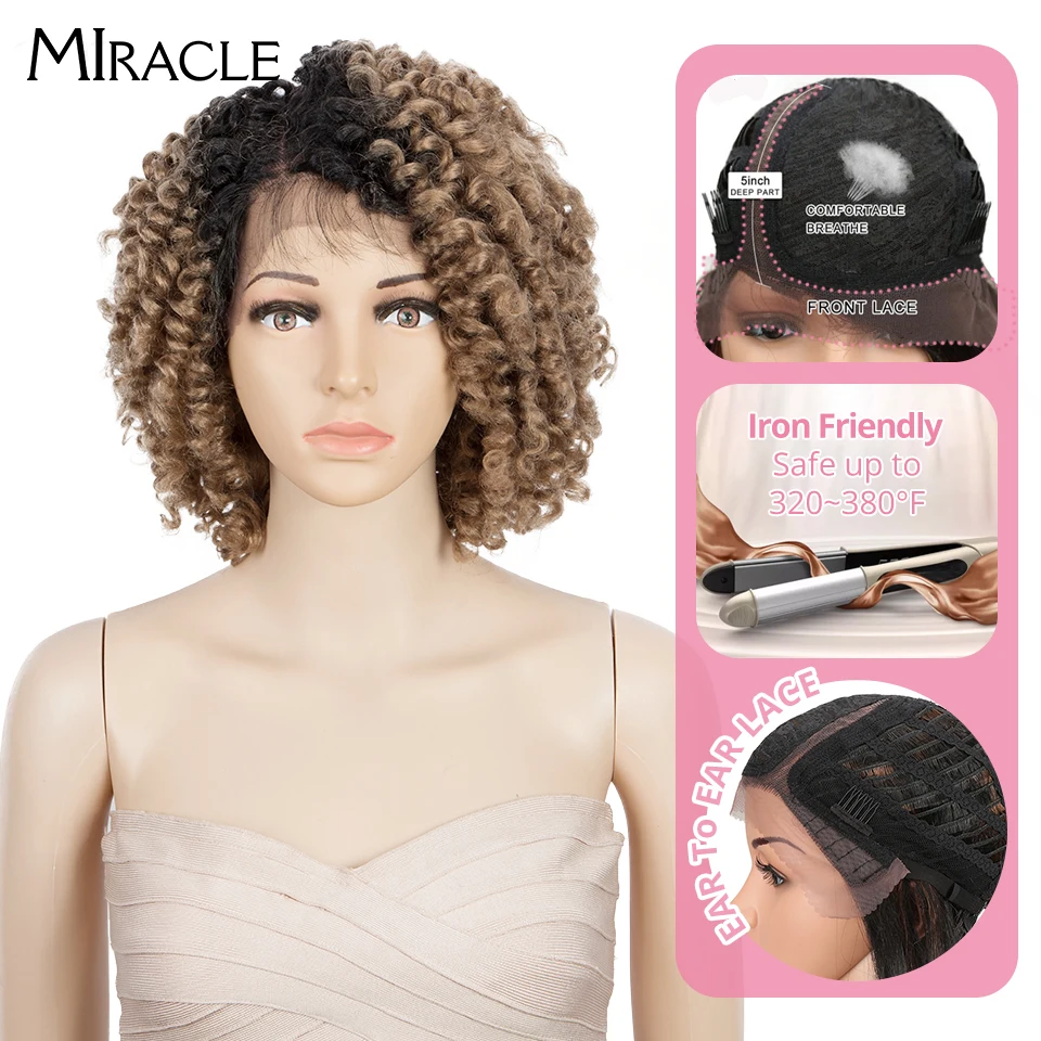 

Miracle Afro Kinky Curly Lace Front Wigs For Black Women Synthetic 12Inch Curly BOB Wig Brown Ombre Cosplay Wig Nature Hair Wig