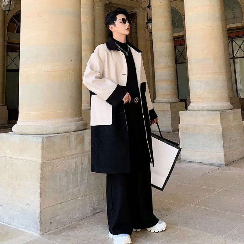 

Men Splice Loose Casual Long Wool Jacket Autumn Winter Thick Trench Coat Male Vintage Streetwear Outerwear Overcoat