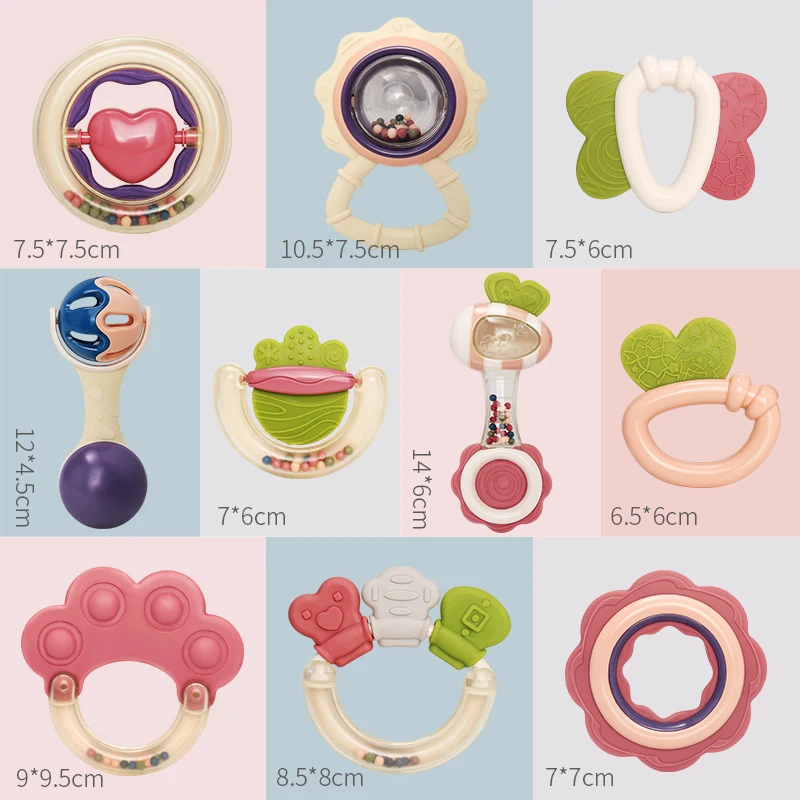 10Pcs Baby Girl Toy 0-12 Months Plastic Soft Rattle Squeaky Newborn Bed Mobile Rattle Music Educational Toys For Babies Gift Set