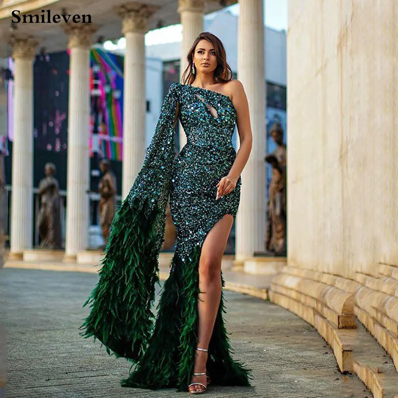 Smileven роскошное вечернее платье с блестками и кристаллами, Русалка, перо павлина, на одно плечо, платье для выпускного вечера, вечерние платья, robe de soiree