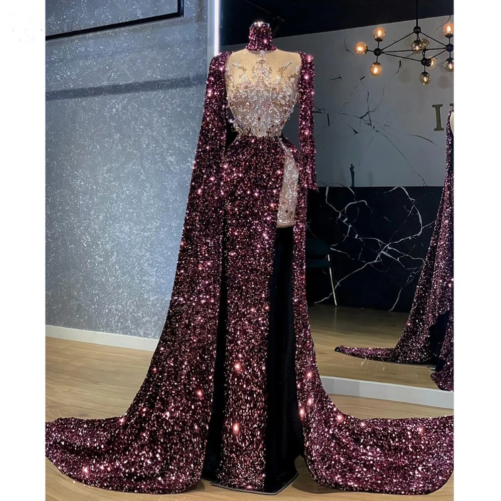 black prom dress Modern Luxury Purples Moroccan Dresses Sparkle Sequined Beaded Long Mermaid Prom Dresses Sleeves Split Islamic Party Dresses hot pink prom dress