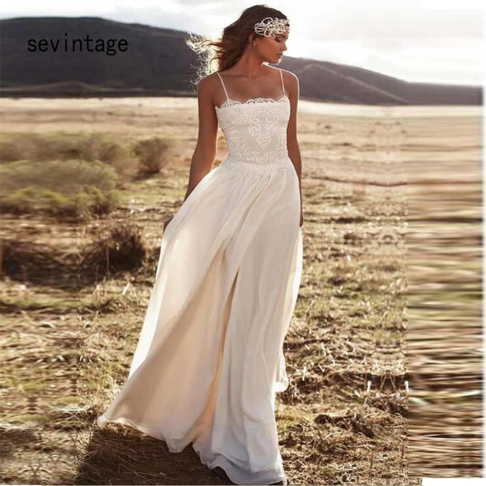 

sevintage Bolo Wedding Dresses 2020 vestido de noiva sereia Spaghetti Straps Chiffon Appliques Country Garden Bridal Gowns