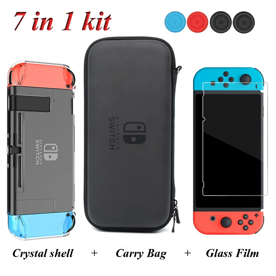 7 In 1 NintendoSwitch Accessories Storage Big Bag& Tempered Glass Film& Crystal Shell& Analog Caps for Nitendo Nintend Switch