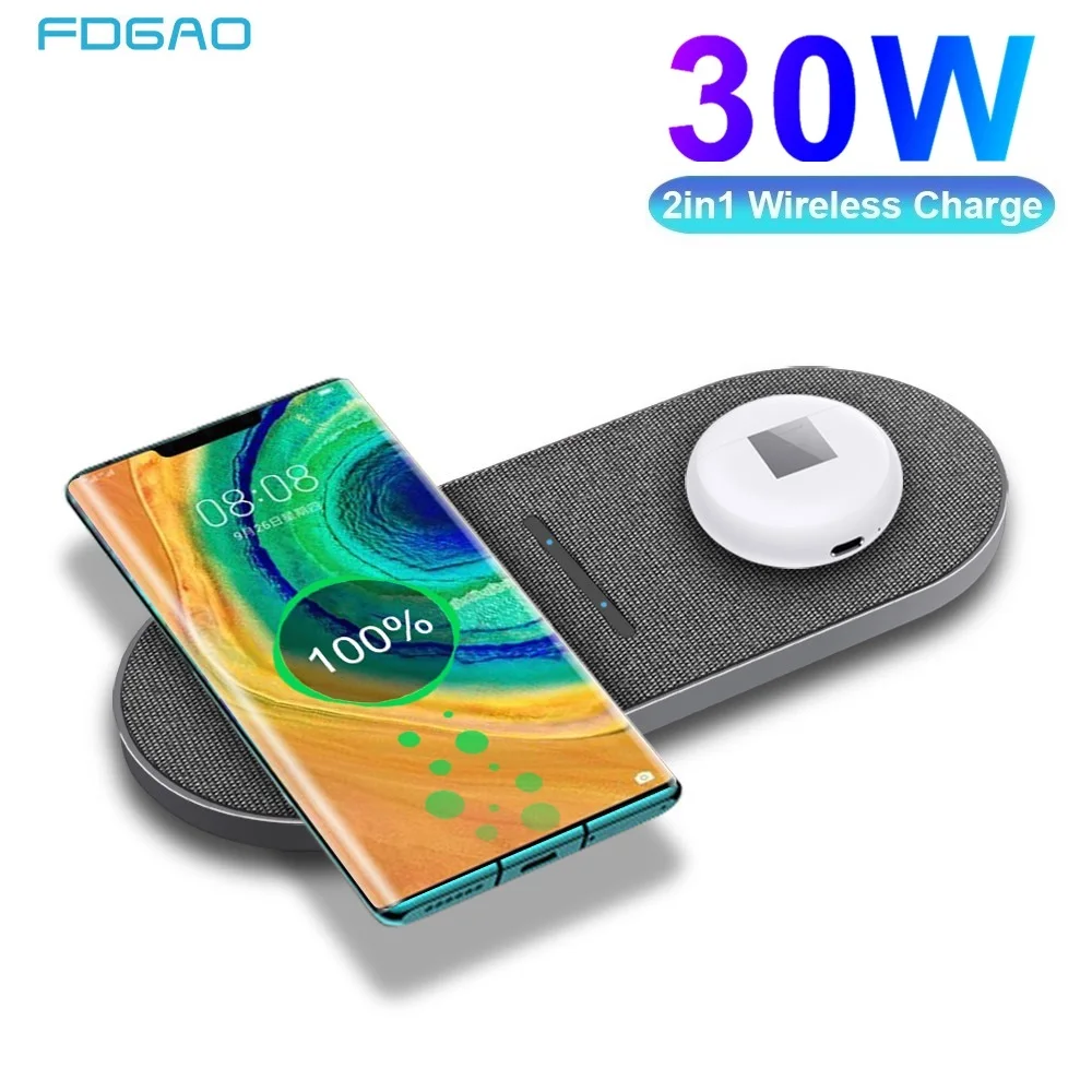 2 in 1 30W Dual Wireless Charger for Samsung S20 S10 Buds Double 15W Fast Qi Charging Pad for iPhone 12 11 XS XR X 8 Airpods Pro