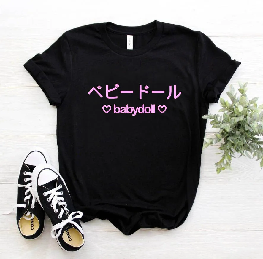 Babydoll, японская, розовая, с буквенным принтом, женская футболка, повседневная, хлопок, хипстер, забавная футболка для девочек, топ, футболка, 8 цветов, Прямая поставка, BA-201 - Цвет: black-pink letter