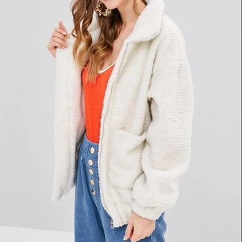 

New Autumn Winter Warm Striped Solid Color Bubble Sleeve Lapel Long Sleeve Jacket Women Zipper Up Thick Temperament Coats