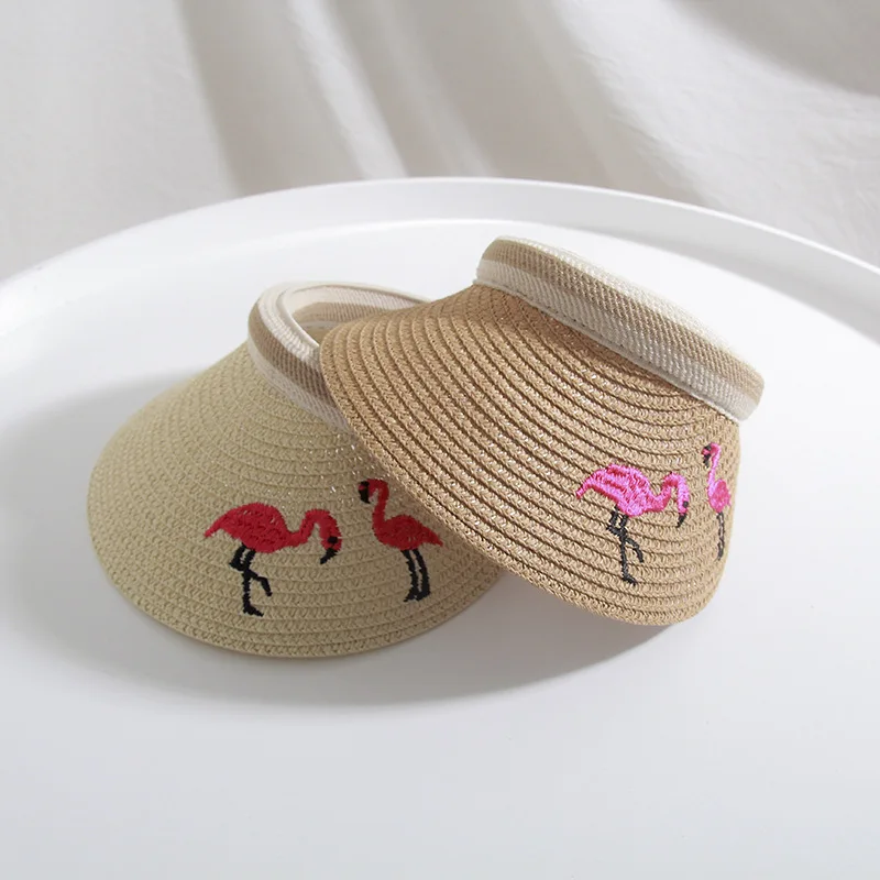 Empty top straw hat Korean version of women's summer sun-proof sun hat beach hat flamingo embroidered hat