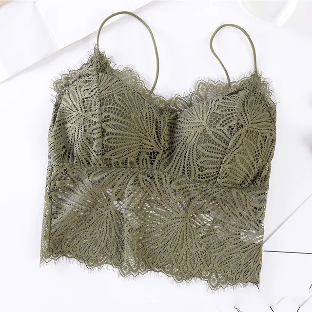 2021 Female Summer Crop Tank Top Women Fashion Deep V Lace Bras Embroidery Floral Tank Top Bra Wrapped Chest Camisole Padded Bra green 1