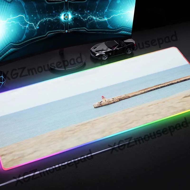 XGZ Large RGB Gaming Mouse Pad Lock Edge Seaside Lighthouse Scenery 