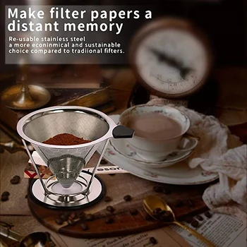 

1 Set of Coffee Filter Reusable Stainless Steel Pour Coffee Filter Slow Drip Drain and Brush with Cup Holder