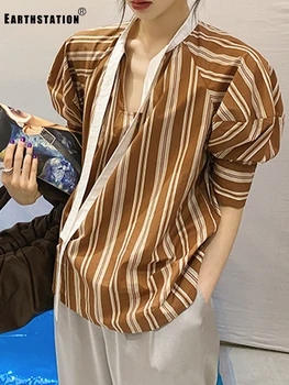 

Free Shipping Contrast Lace Bow Neck Puff Sleeve Retro Vertical Stripe Shirt Ladies Summer New Fashion All-match Pullover Tops