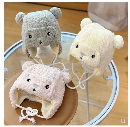 New Cute Bear Baby Earmuffs Hats Winter Velvet Warm Infant Caps Cartoon Soft Beanie Cap for Boys Girls Photography | Аксессуары для