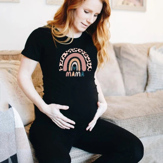 Nordic rainbow mama Printed Pregnant T Shirt Maternity Short Sleeve T-shirt Pregnancy Announcement Shirt New Mom Tshirts Clothes