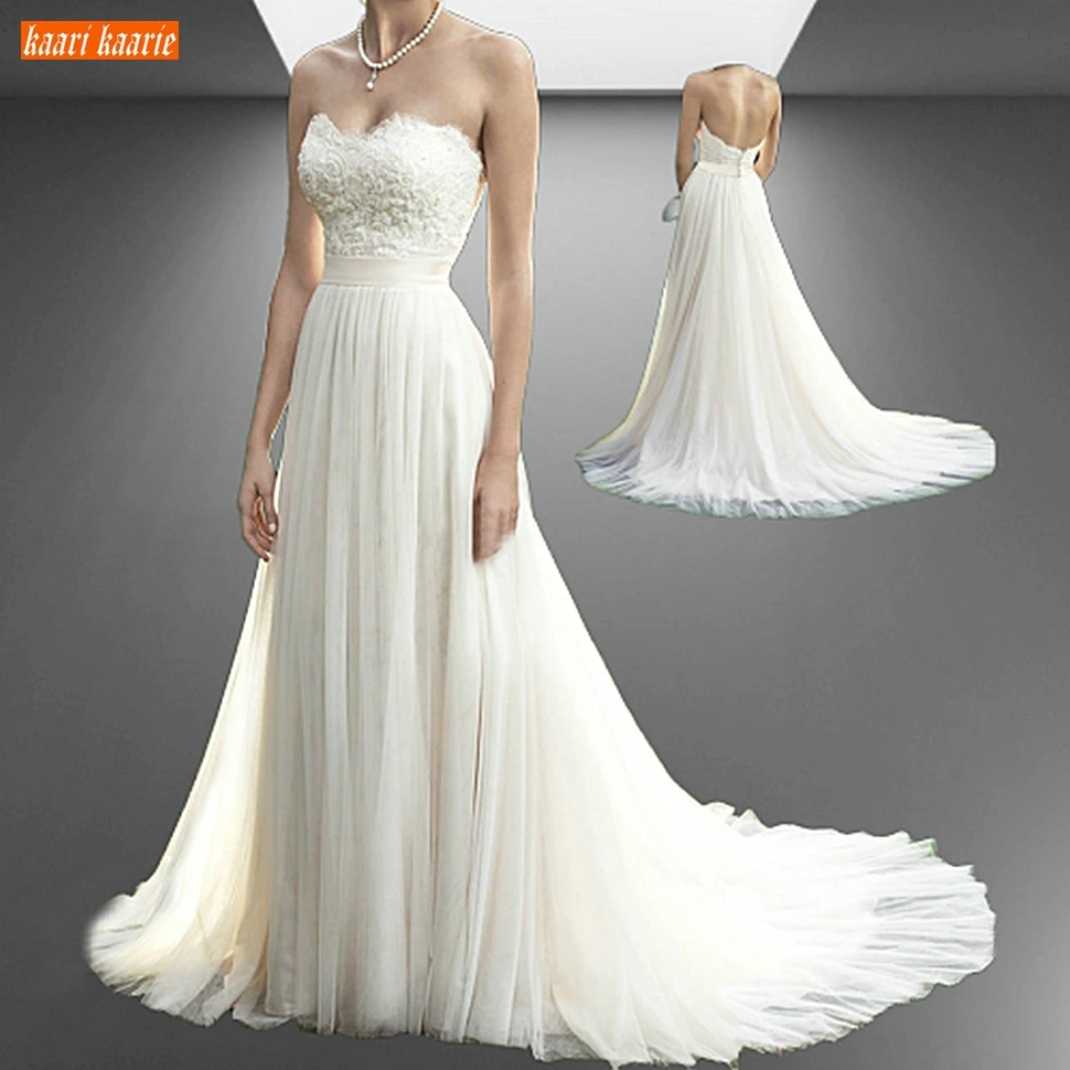 

Luscious Boho Wedding Gowns 2020 Sweetheart Lace Appliqued Tulle Beach Wedding Dresses Long Marry Custom Made Women Bridal Dress