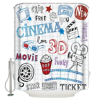 

Shower Curtain Waterproof Polyester Fabric Shower Curtain Simple English Tv Glasses Popcorn Camera Wheel Track Cartoon