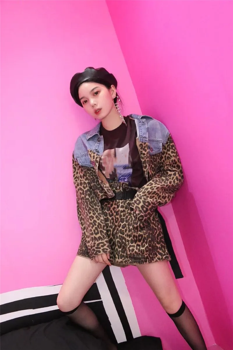 WHITNEY WANG Осенняя модная уличная леопардовая Лоскутная джинсовая куртка женские изысканные джинсы пальто верхняя одежда