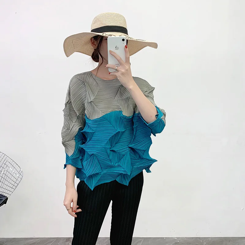 lake blue MIYAKE/плиссированный топ со стразами; Новинка года; сезон Ранняя весна; плиссированная футболка; универсальная рубашка большого размера; - Цвет: lake blue