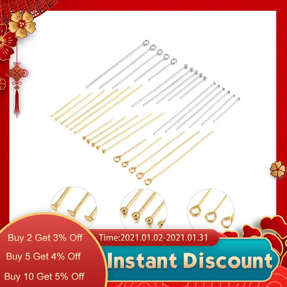 50-100 Uds cabezas de acero inoxidable ojo cabeza plana Pin dorado bola plateada alfileres de cabeza resultados para accesorios de fabricación de la joyería