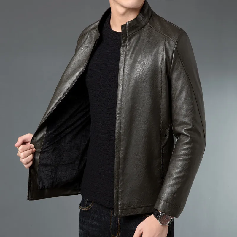Winter Men's leather Jacket design stand collar Coat Men casual motorcycle leather coat Mens Sheepskin jackets Windbreaker Coats - Цвет: 2