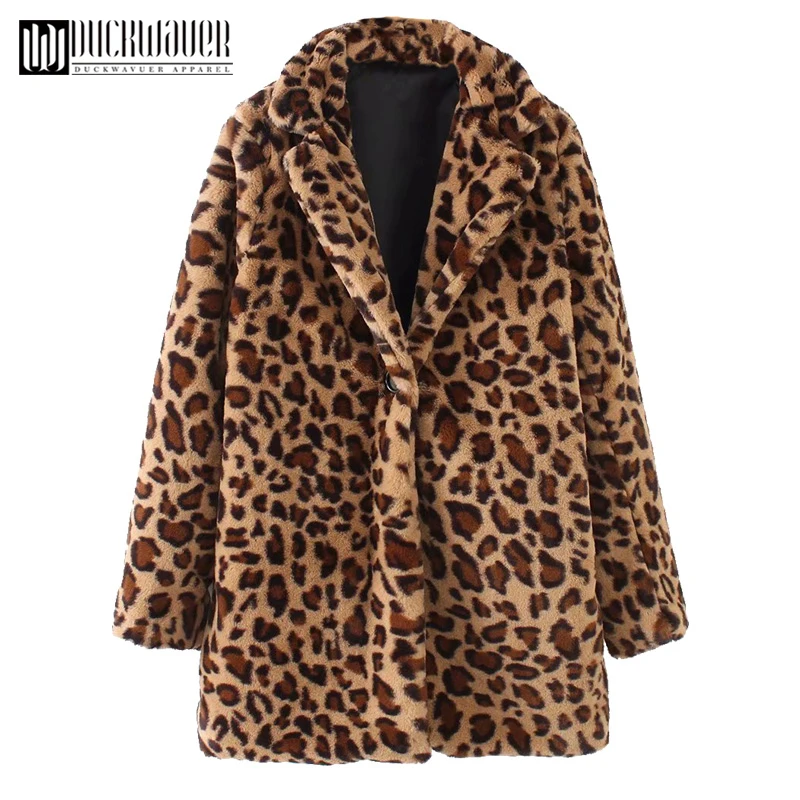 leopard Duckwaver леопардовая расцветка пальто из искусственного меха женские длинные толстые теплые куртки пушистые Звездные Стильные Пальто Зимняя уличная верхняя одежда - Цвет: leopard