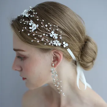 

NPASON Beauty Rhinestone Hair Vine Bridal Headpiece Beaded Bride Headband with Ribbon for Wedding