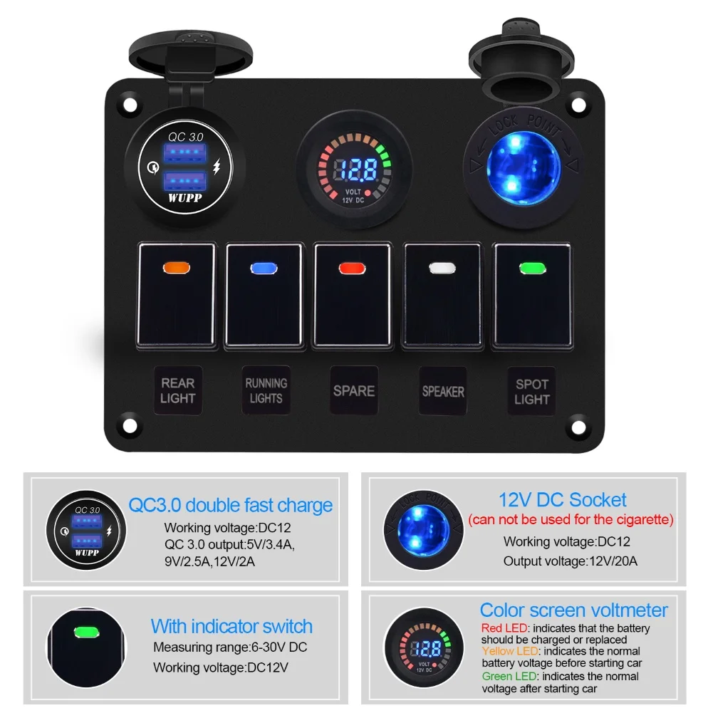 5 Gang морской катер автомобиля цифровой вольтметр QC3.0 Dual USB светодиодный кулисный переключатель Панель