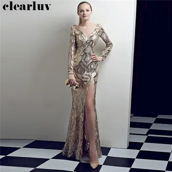 

Mermaid Evening Gowns Long Sequined Robe De Soiree DX336-2 2020 Long Sleeves Women Party Gown Gold Sexy V-Neck Evening Dresses