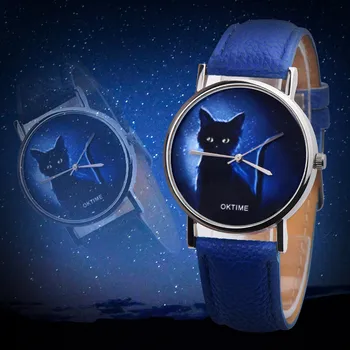 

Fast delivery OKTIME Womens Mysterious Black Cat Faux Leather Quartz Watch Ladies Watches Top Brand Luxury Watch Ladies Relogio