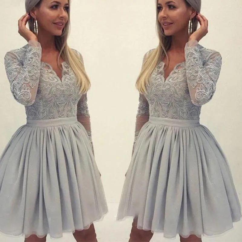 Vestidos de Cocktail Elegantes a Linha com Decote em v Vestidos de Baile Rosa Mangas Compridas Apliques Rendas Festa Tamanho Grande 2020 Mod. 366584