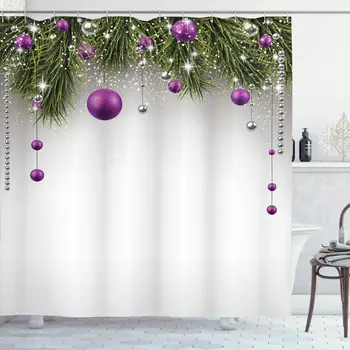 

Christmas Shower Curtain Bathroom Decor Set with Hooks Ball Wrap Ribbon 75" Long