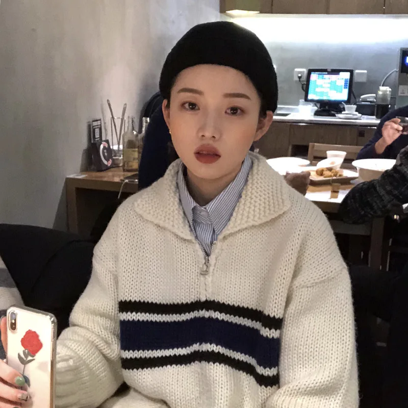 

Autumn And Winter New Style Online Celebrity Celebrity Style Fold-down Collar Stripes Zipper Cardigan Thick Sweater Coat
