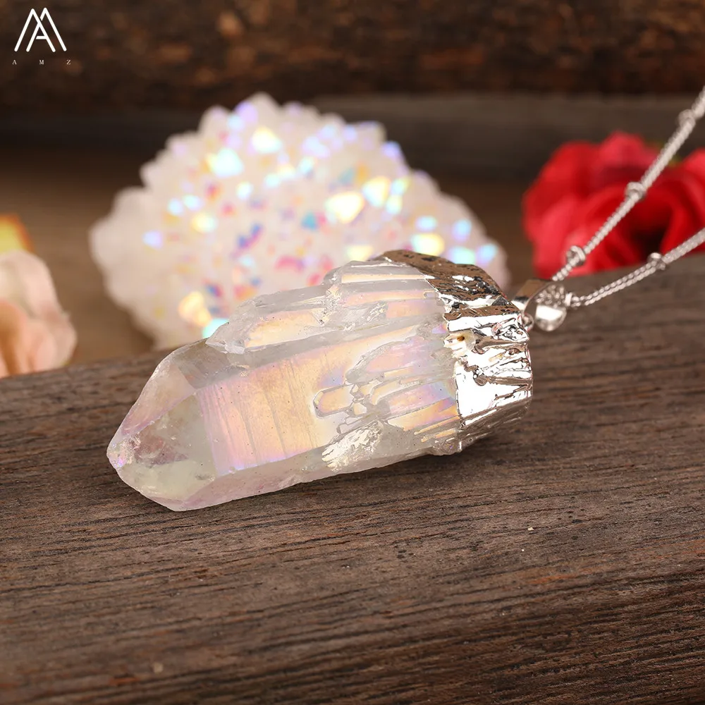 Titanium AB Natural White Quartz Irregular Point Pendant Gold Chains Necklace For Women Quartz Crystal Beads Adjustable Necklace