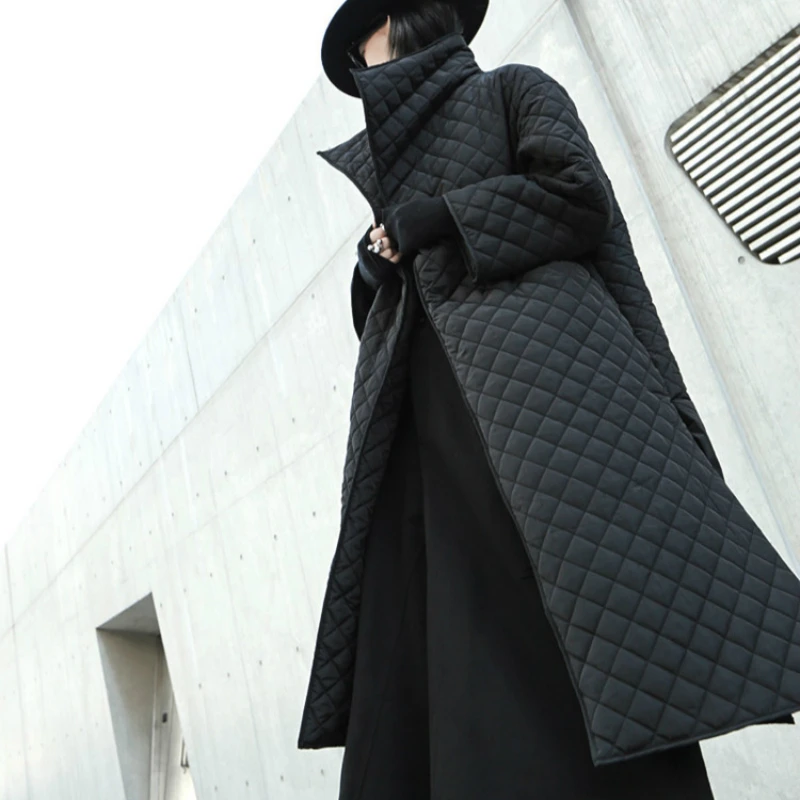 

2020 Fashion Argyle Women Long Parka Solid Black Color Ladies Elegant Jacket Femme Coat Side Rhombic Light Robe Outwear Cloak