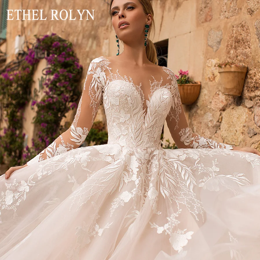 ETHEL ROLYN V-neckline Sexy Backless Romantic Princess Wedding Dress Long Sleeve Tulle Appliques Wedding Gowns vestido de novia