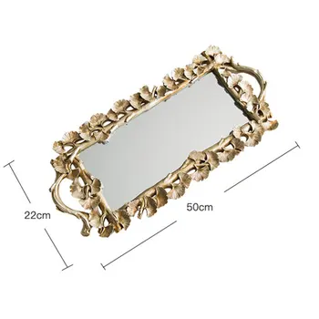 

1Pc Rectangular Gingko Leaf Retro Carved Tray Mirror Tea Fruit Dessert Coffee Dessert Table Storage Tray(Golden)