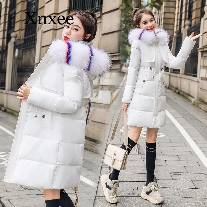 Red White Blue Windproof Warm Casual Women Long Winter Parka Slim Coats Jackets Hooded Pockets Parka Feminina Winter Clothes Fur