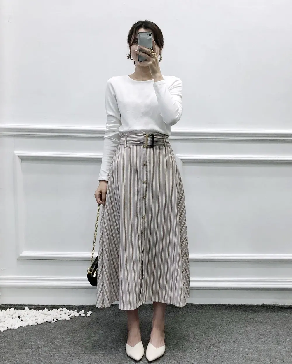

Overplus of Goods Exported to Europe And US Women's Autumn New Style Fashion Elegant High-waisted with Belt Versatile Stripes Sk