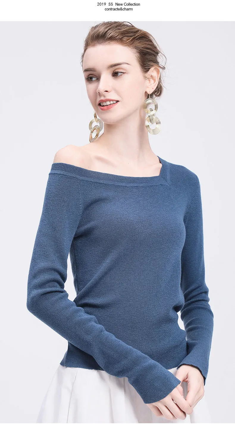 LZJN 2019 Women Sweater Long Sleeve Shirt Women Casual Office Top Sexy V-Neck Off Shoulder Pullover Sweater Loose Knit Jumper (12)