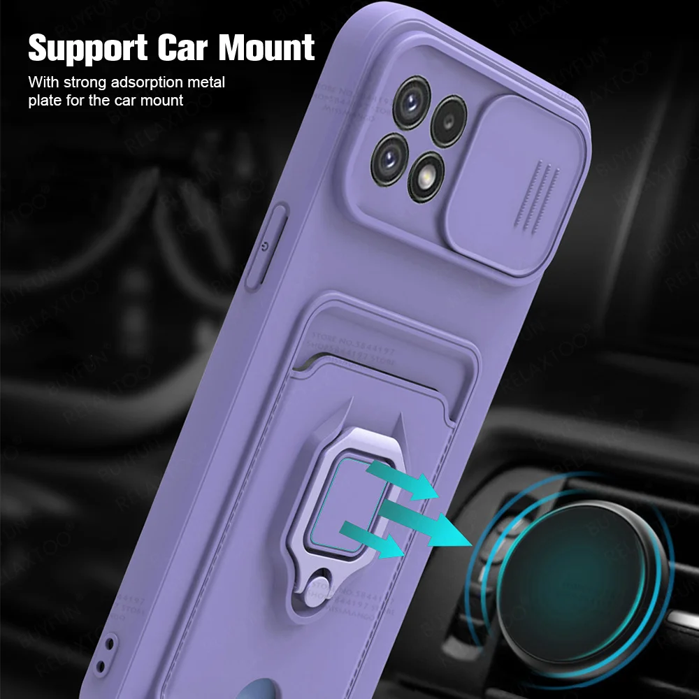 Slide Camera Lens Protection Case For Samsung Galaxy A22 5G Card Slot Stand Holder Magnetic Cover For Samsung Samsun A 22 22A kawaii samsung phone cases