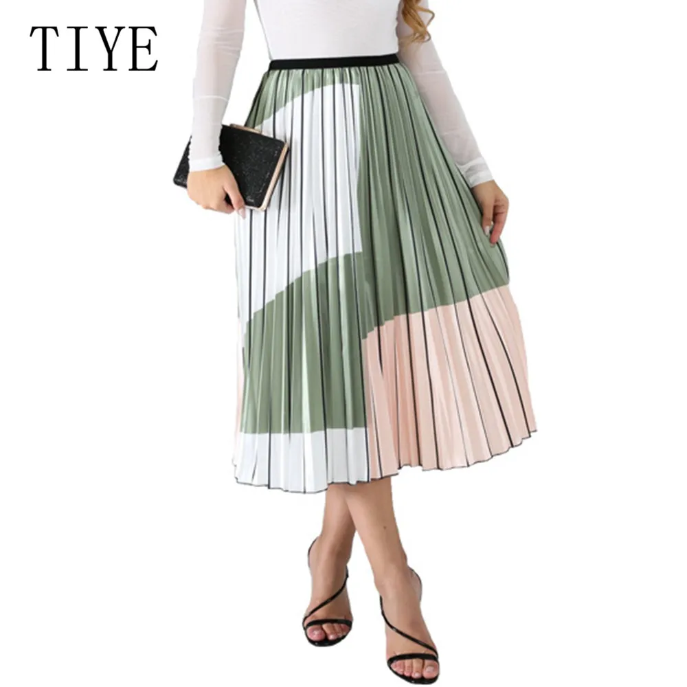 TIYE модные контрастные плиссированные юбки с высокой талией летние женские юбки миди с эластичной талией женские повседневные плиссированные юбки с принтом