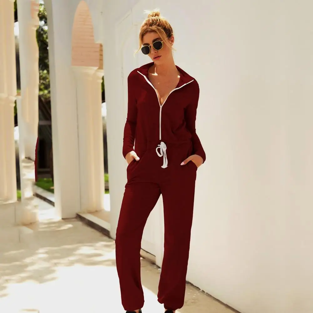

Women Jumpsuit Fashion Casual Zipper Solid Color Stand-up-neck Long Sleeve Wide Leg Long Playsuit overol mujer 2020 New Hot E