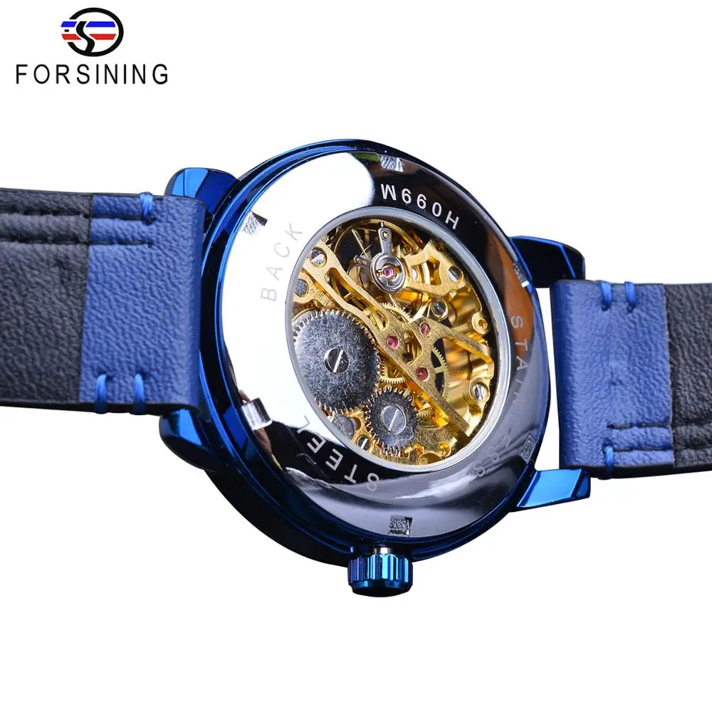 Forsining-Reloj mecánico para Hombre, accesorio masculino de pulsera resistente al agua con correa de cuero genuino, diseño analógico ultrafino, color azul, estilo Casual y deportivo - Imagen 4