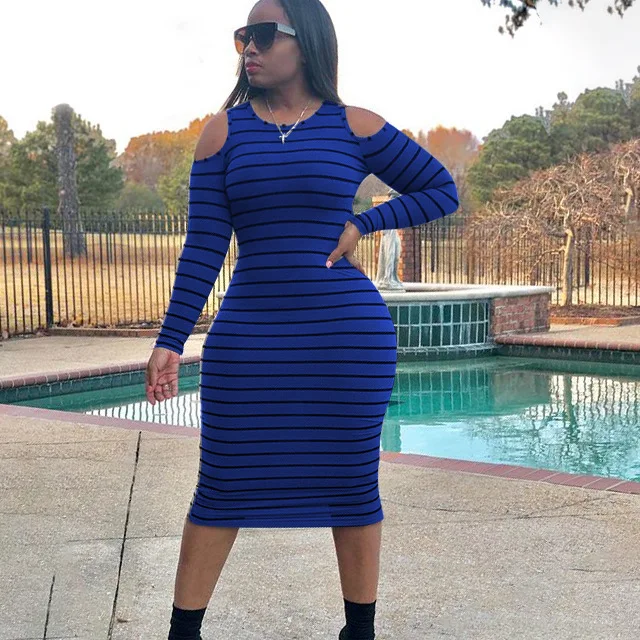 Women Sexy Striped Long Sleeve Bodycon 